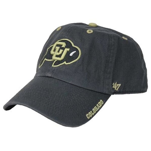 Dark grey hat with the embroidered CU Buffalo logo on front with vegas gold accents on the top, and with "Colorado" on the brim, and 47' brand logo on left side.